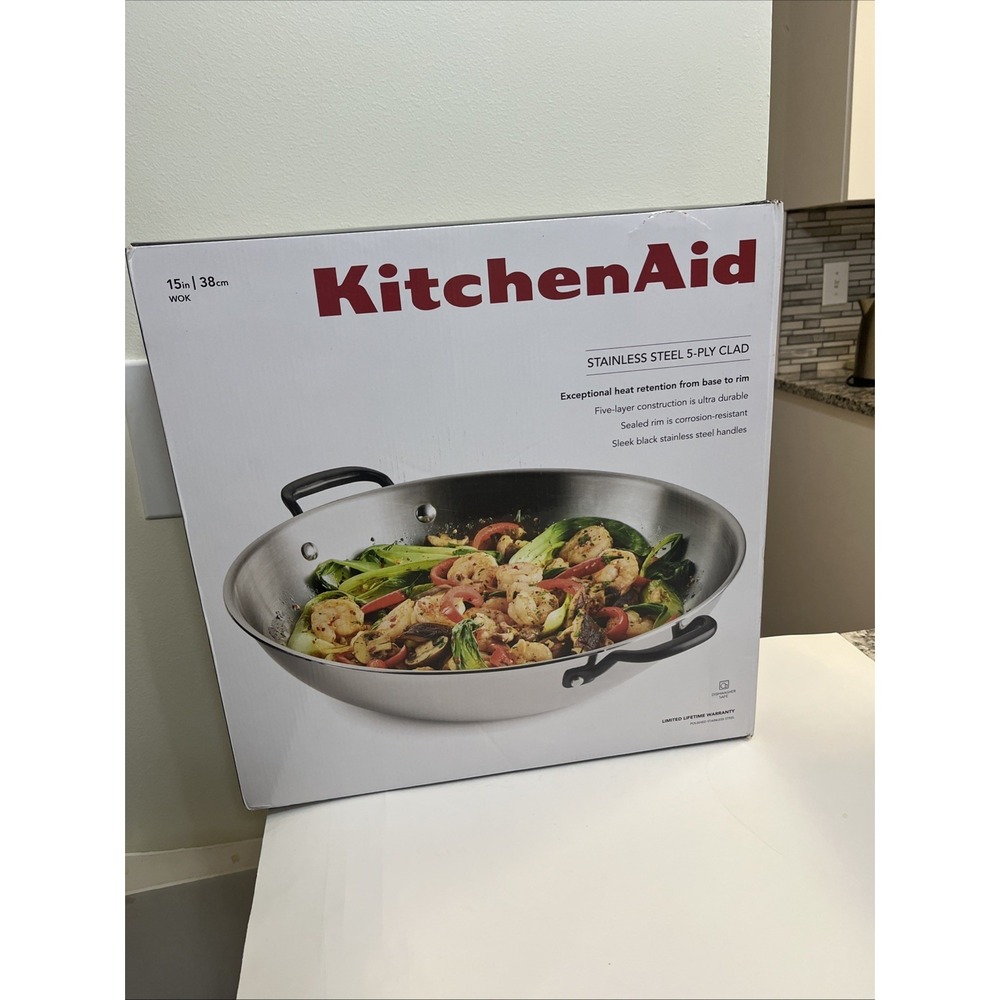 KitchenAid 5-Ply Clad Stainless Steel Wok 15 in Dishwasher Safe Easy Clean
